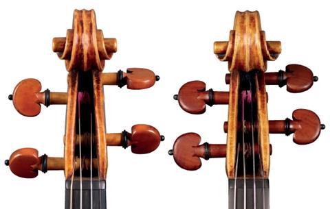 卡洛?白貢齊1735 'Baron Knoop' 小提琴 'Baron Knoop' 和 'Kreisler' Bergonzis 的蝸殼前視圖。后者展示了一種更典型風(fēng)格：中央部分相當(dāng)寬，第二圈極窄，眼睛以完美的圓柱形狀強(qiáng)烈突出